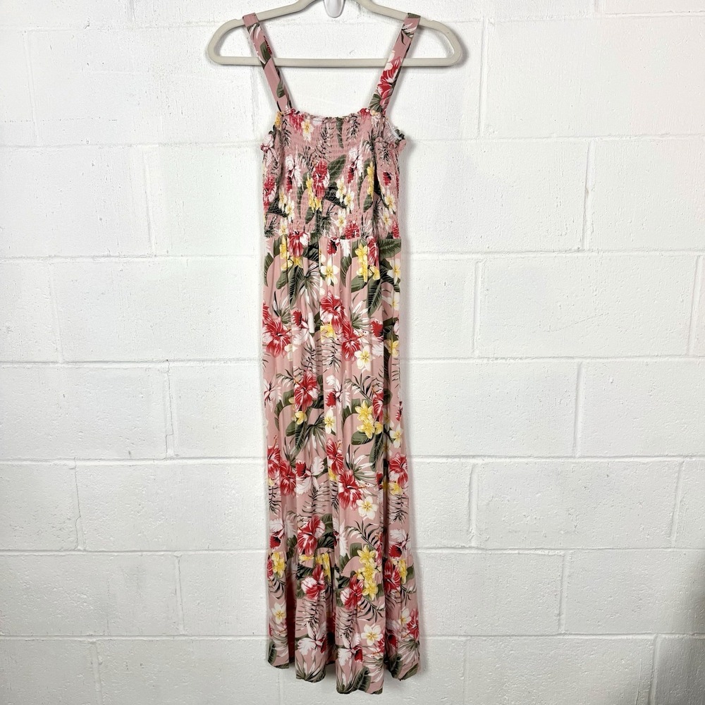 Ophelia‎ Roe Maxi Sundress Pink Floral Smocked Tiered Tropical Cottage Resort M
